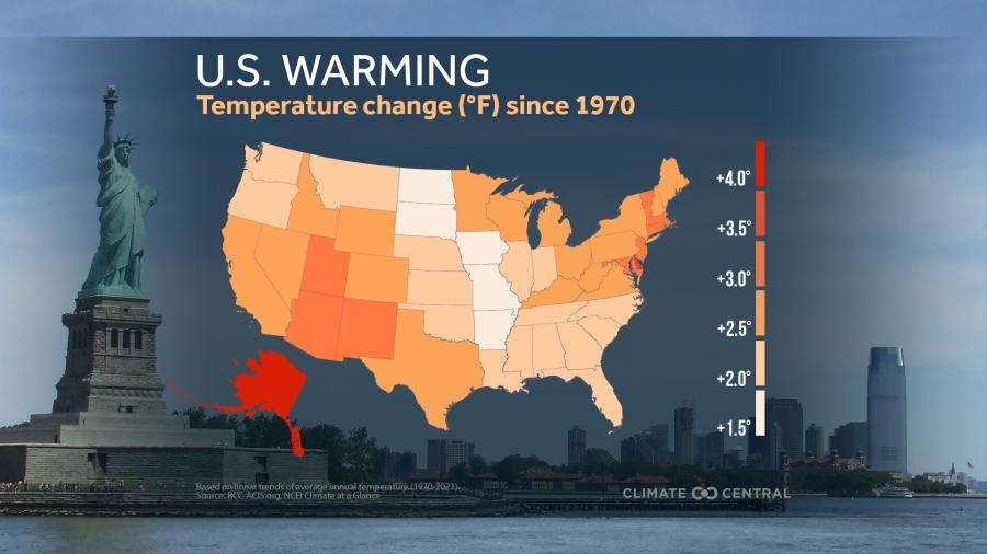 Graphic showing temperature changes across the U.S. since 1970.