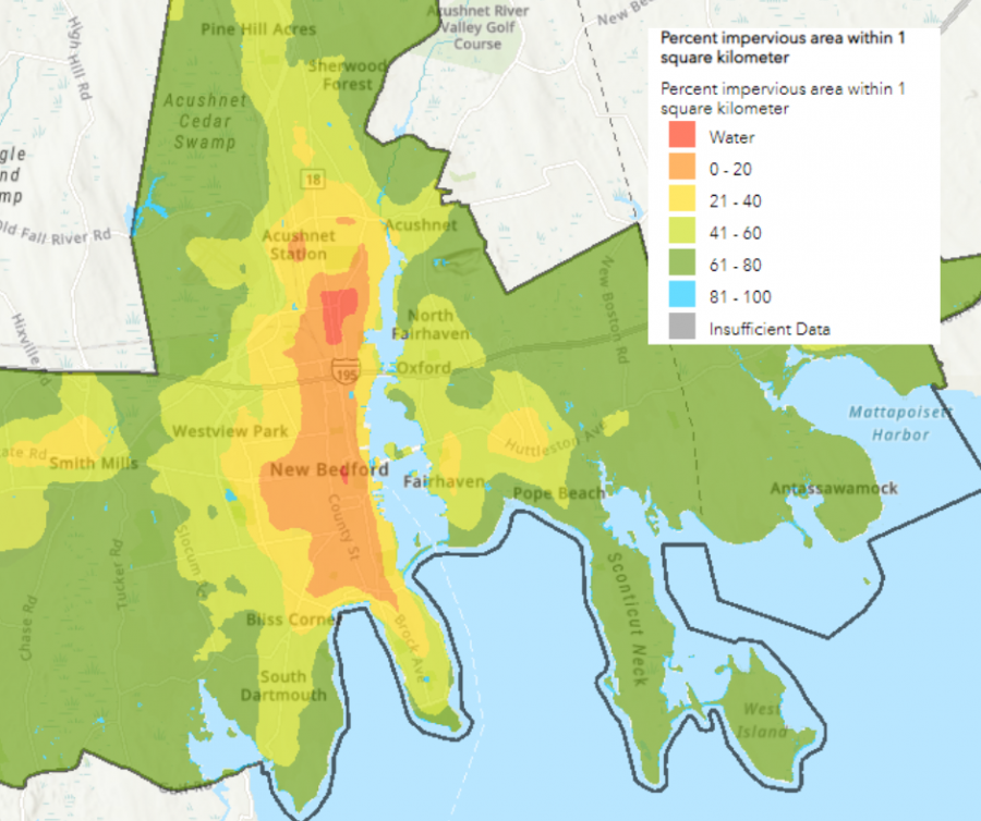 Map of impervious surface in New Bedford, showing the city center with more impervious surfaces that can cause higher temperatures.