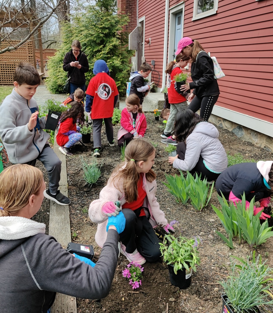 Group of children planting flowers in a garden.