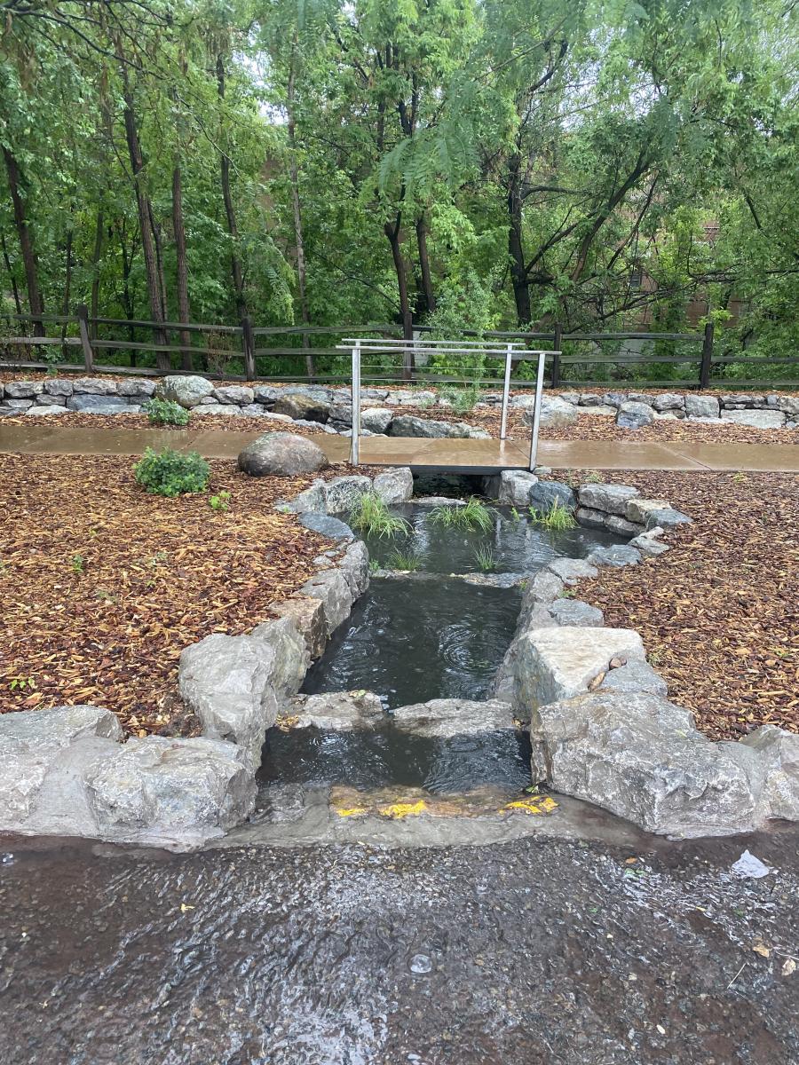 An image of a rain garden featuring a manmade stream for stormwater runoff and a bridge. 