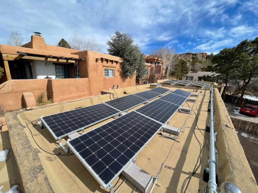 Solar panels on a rooftop in Santa Fe.
