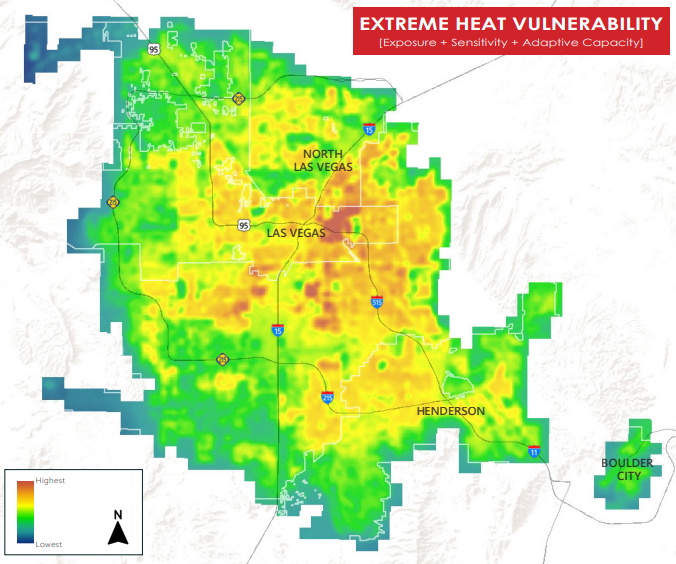 Map showing heat vulnerability distributed throughout the county