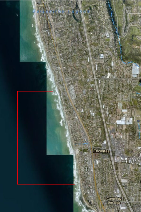 Encinitas' coastal line. Red line covering area from D street, Moonlight, and Stonesteps beaches. This is the project area.