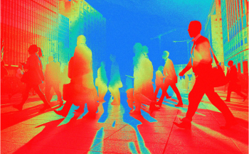 infrared image of commuters walking to jobs in a downtown setting