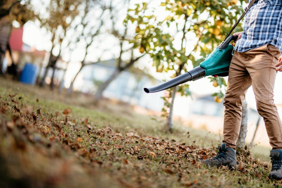 a person holding an electric leaf blower