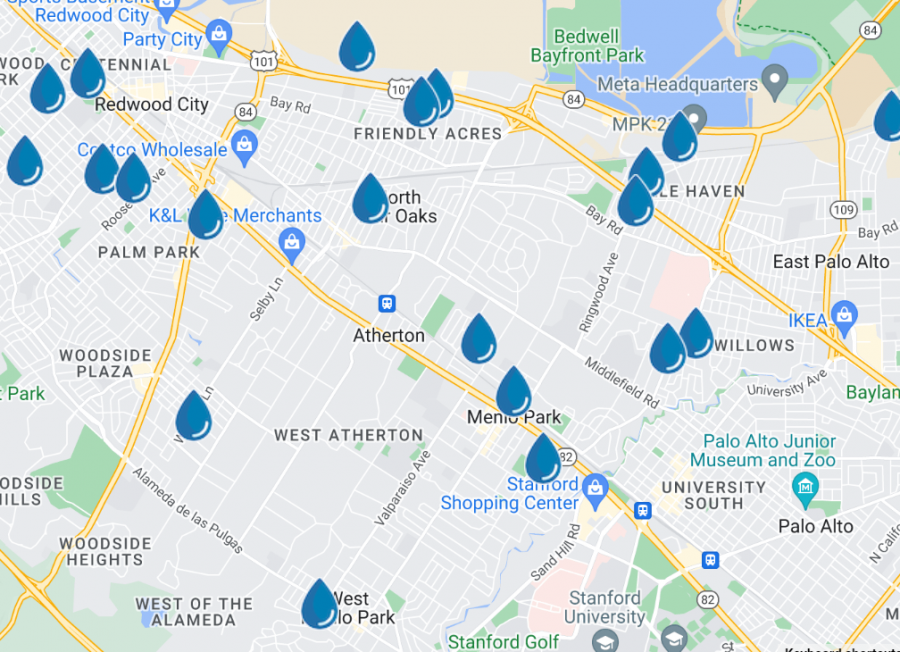 screenshot of a map showing the locations of home with rain barrels in San Mateo County