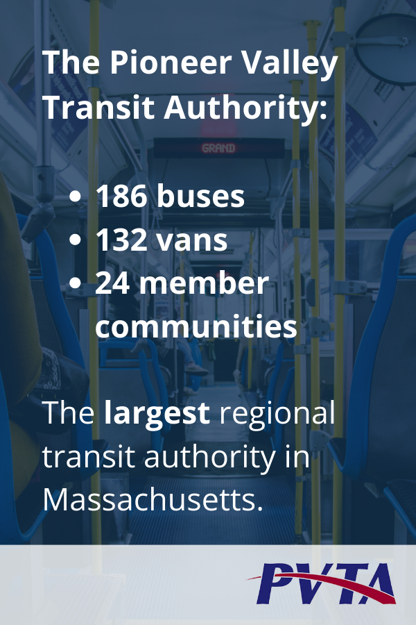 The Pioneer Valley Transit Authority operates 186 buses, 132 vans, and has 24 member communities. It's the largest regional transit authority in MA