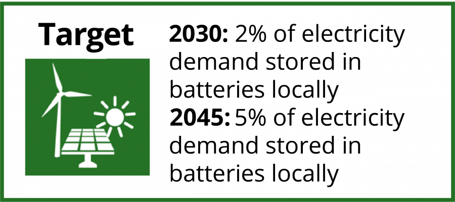 infographic showing targets for the percent of electricity demand stored in batteries locally: 2030 target = 2% and 2045 target = 5%