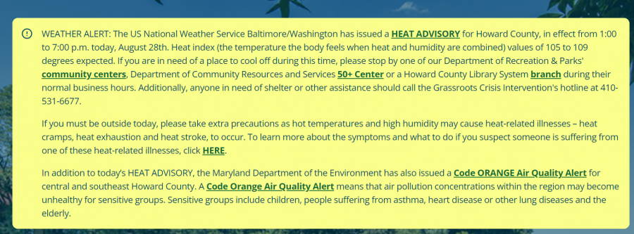  Screenshot of an emergency alert banner on howardcountymd.gov.