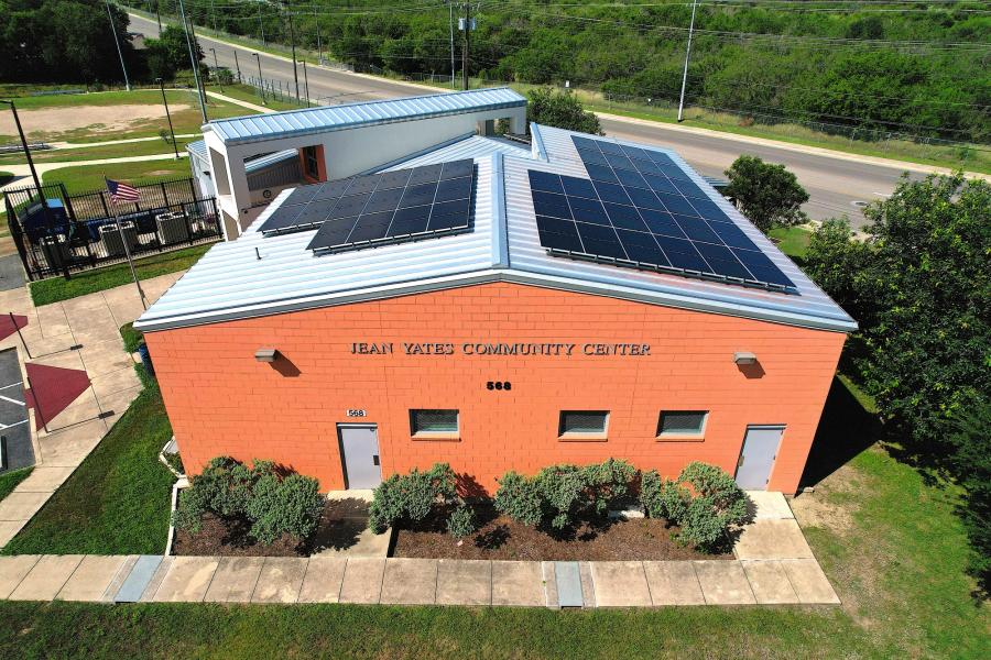 Aerial photo of solar panels on roof of the Jean Yates Community Center