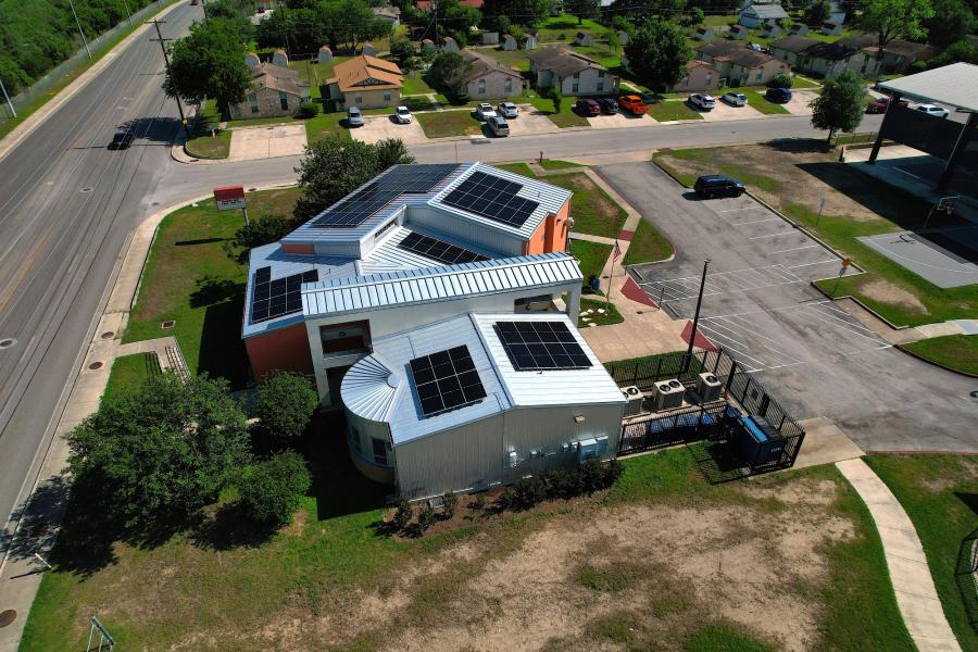 Aerial photo of solar panels on roof of the Jean Yates Community Center