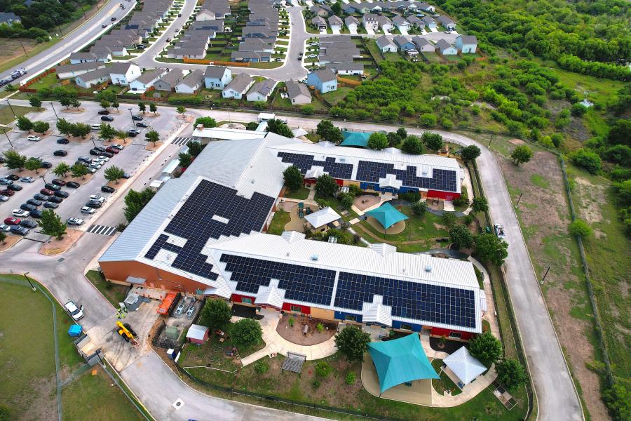 Aerial photo of solar panels on the PreK4SA building