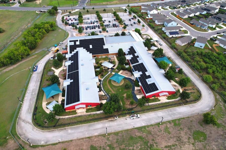 Aerial photo of solar panels on the PreK4SA building