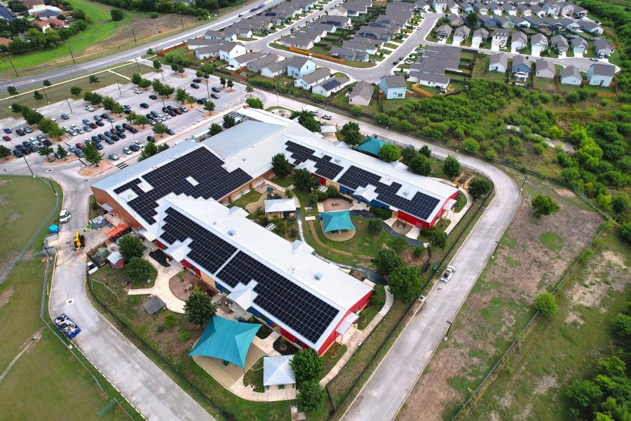 Aerial photo of solar panels on the PreK4SA building