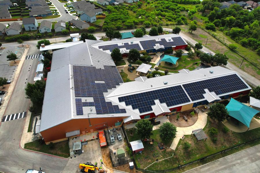 Aerial photo of solar panels on the PreK4SA building