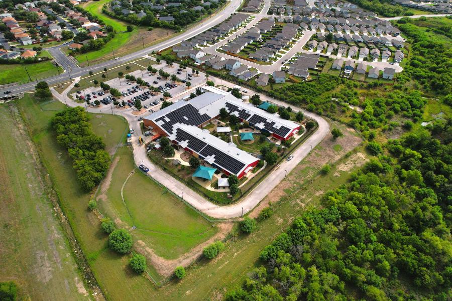 Aerial photo of solar panels on the PreK4SA building