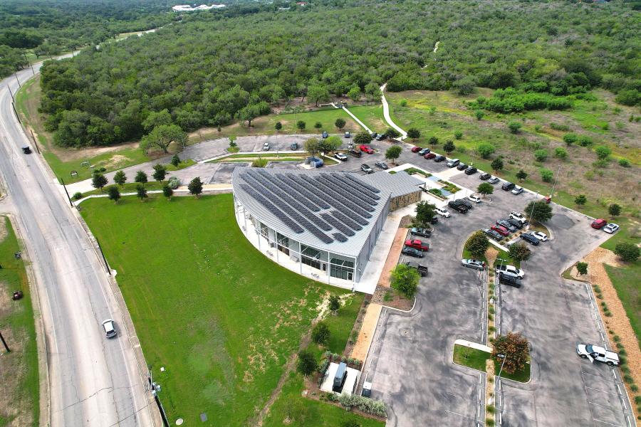 Aerial photo of solar panels on the Southside Lions Senior Center building