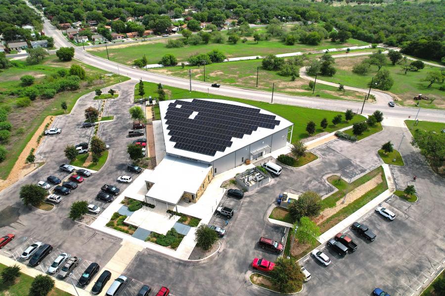 Aerial photo of solar panels on the Southside Lions Senior Center building