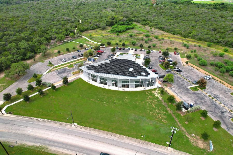 Aerial photo of solar panels on the Southside Lions Senior Center building