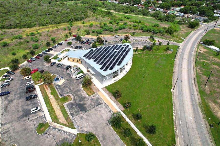 Aerial photo of solar panels on the Southside Lions Senior Center building