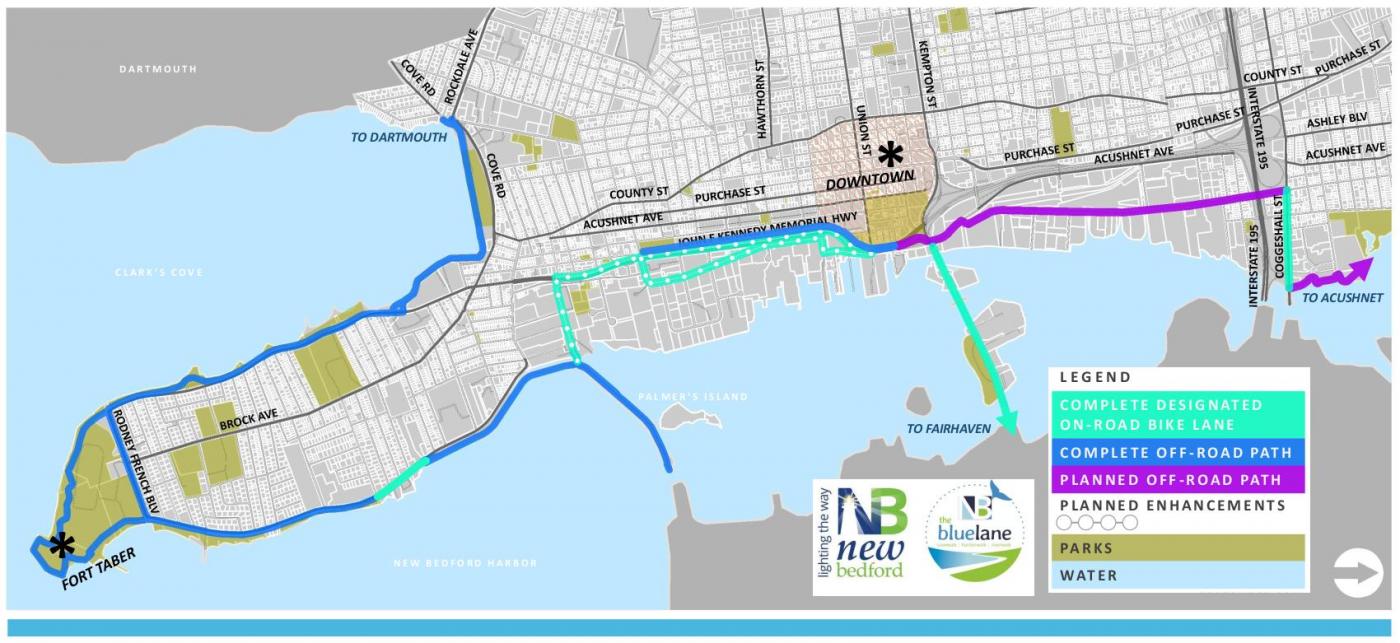 This is a map of New Bedford that highlights "the blue lane," which includes a set of on- and off-road bike lanes that surround New Bedford Harbor.