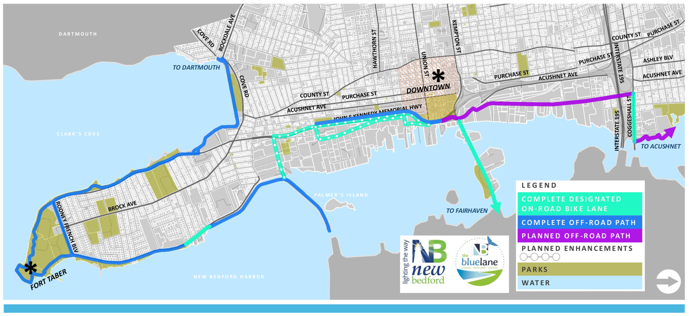 This is a map of New Bedford that highlights "the blue lane," which includes a set of on- and off-road bike lanes that surround New Bedford Harbor.