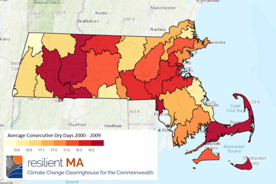 A map of average consecutive dry days in Massachusetts from 2000 to 2009. Watertown is in the 17.9 to 18.3 range.