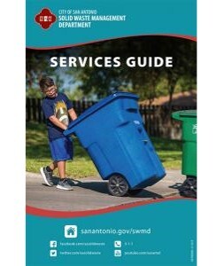 The cover of the Solid Waste Management Department's "Services Guide." It provides a url: sanantonio.gov/swmd, social media handles, and a phone number: 3 1 1