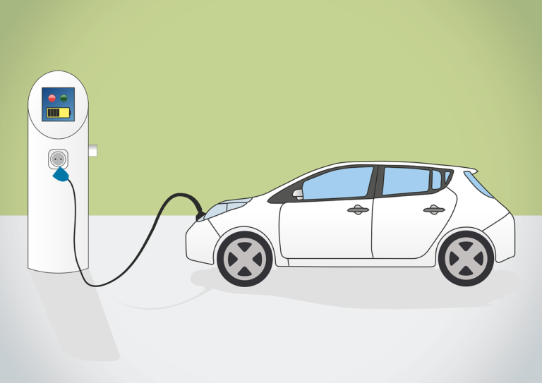 White electric vehicle plugged into white electric charging port against green background