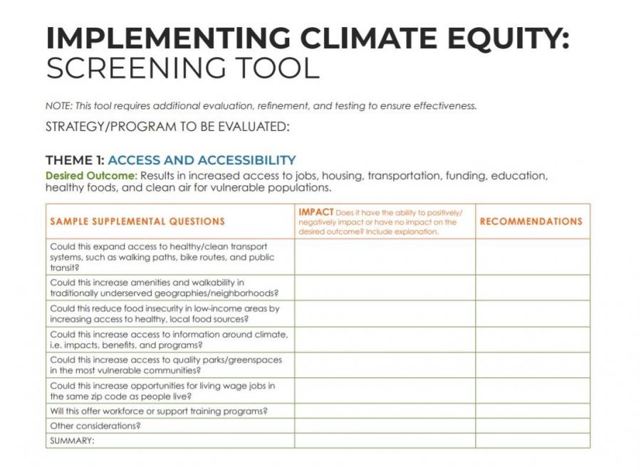 screenshot of the "implementing climate equity: screening tool"