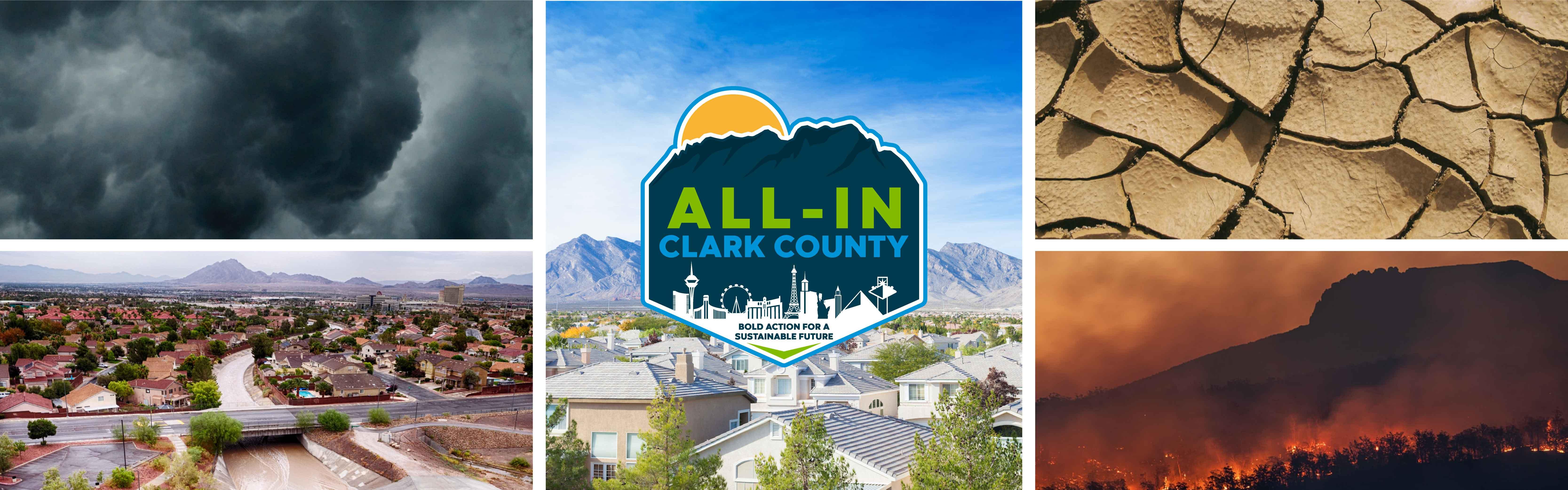Photo collage of images of climate impacts, flooding, wildfire, drought, and storms with center image of All-In Clark County logo. 