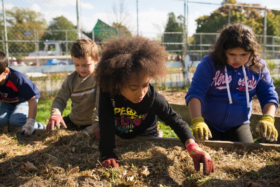 Three young children wear gloves and plant seedlings in a garden bed.