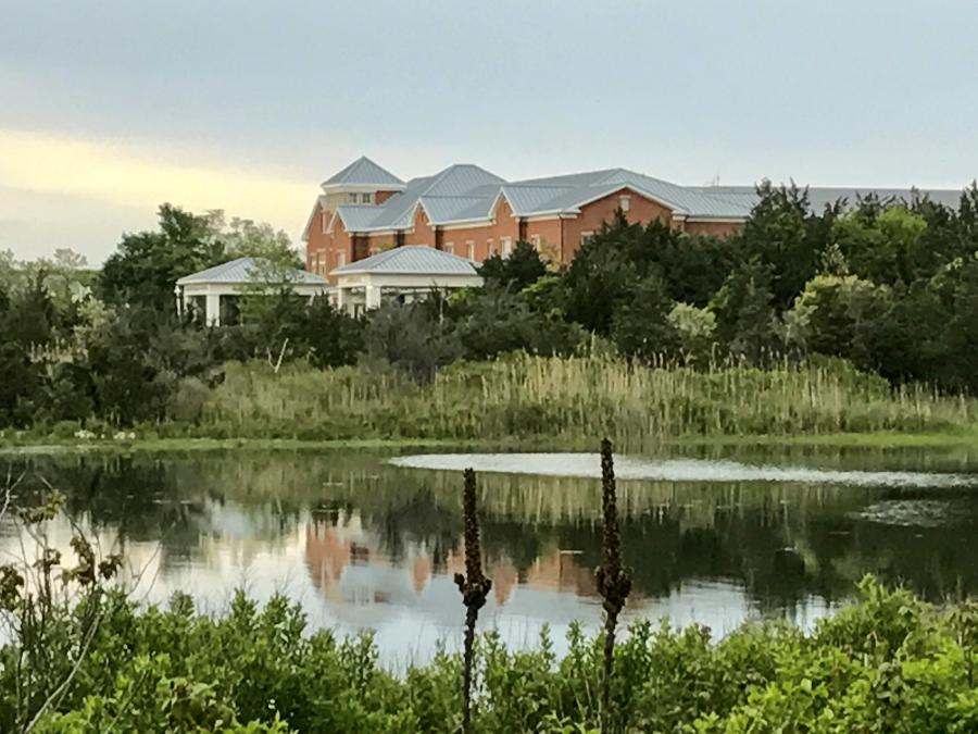 View of Martha's Vineyard hospital over a nearby pond.