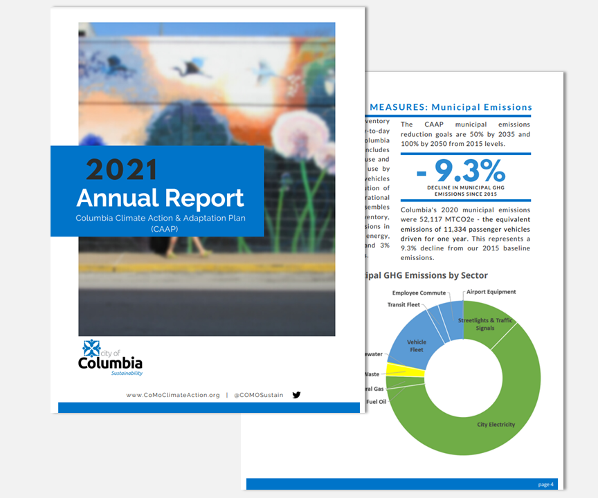 two pages of annual report showing cover page and page with pie chart.